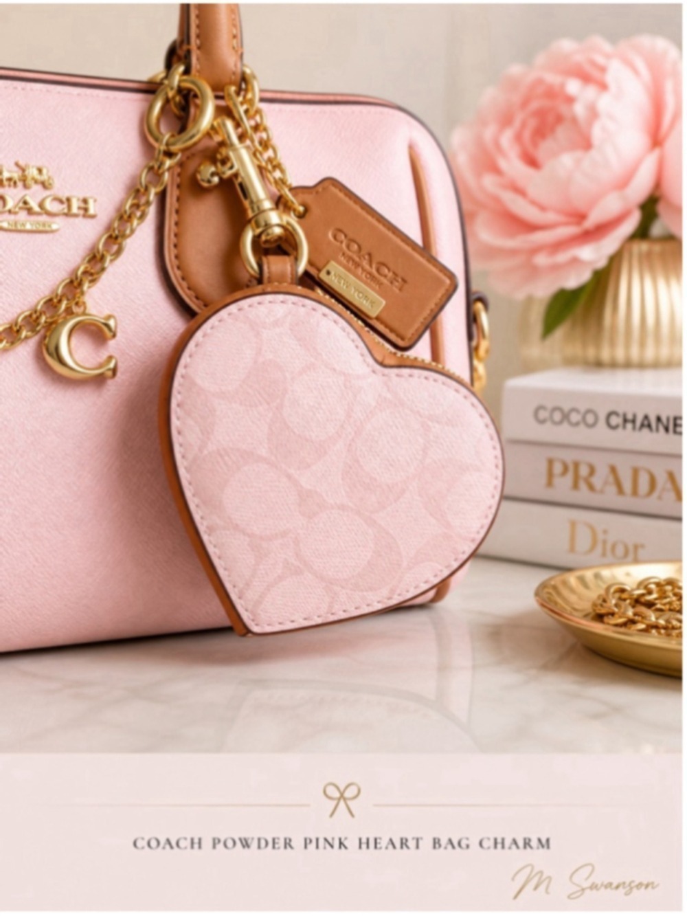 NEW Coach Powder Pink Heart Bag Charm Signature Canvas CEA22 NWT